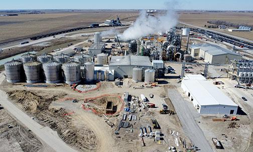 This drone photo shows some of the recent changes made at the KAAPA Ethanol plant on the west edge of Aurora. Chuck Woodside, the company’s CEO, said he expects the plant’s capacity to reach 150 million gallons of ethanol per year by this fall.