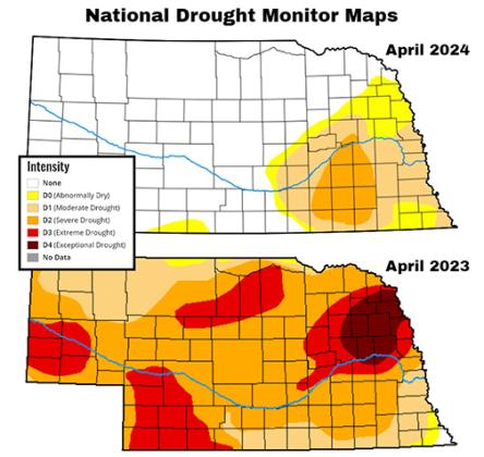 This comparison of U.S. Drought Monitor maps from April 11, 2023 and the same date this year shows how much the drought conditions have improved over the last 12 months, especially in the western two-thirds of the state. 